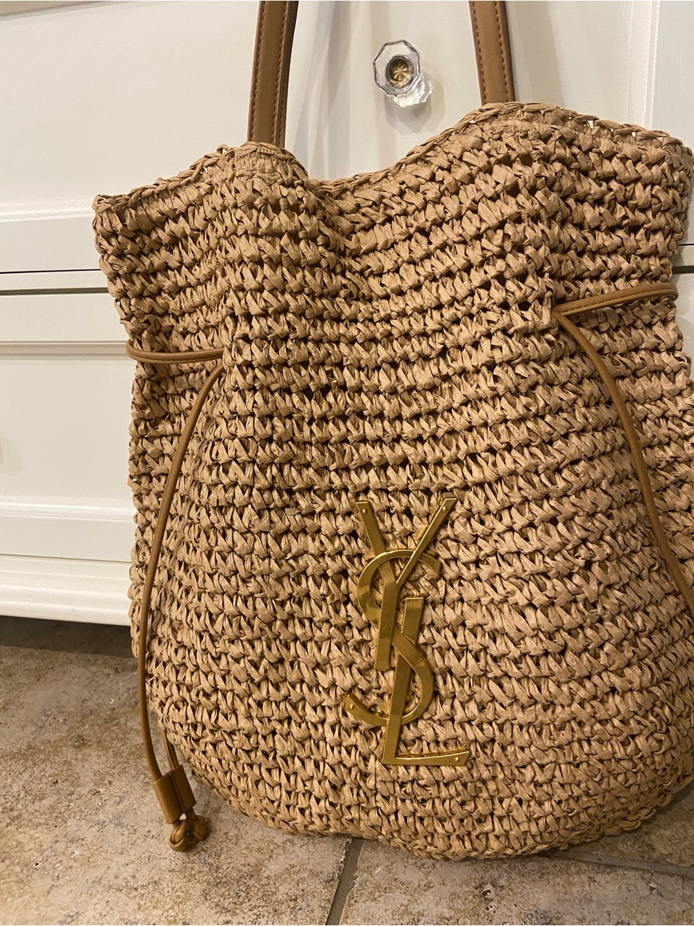 Natural Raffia Drawstring Tote with Gold Logo